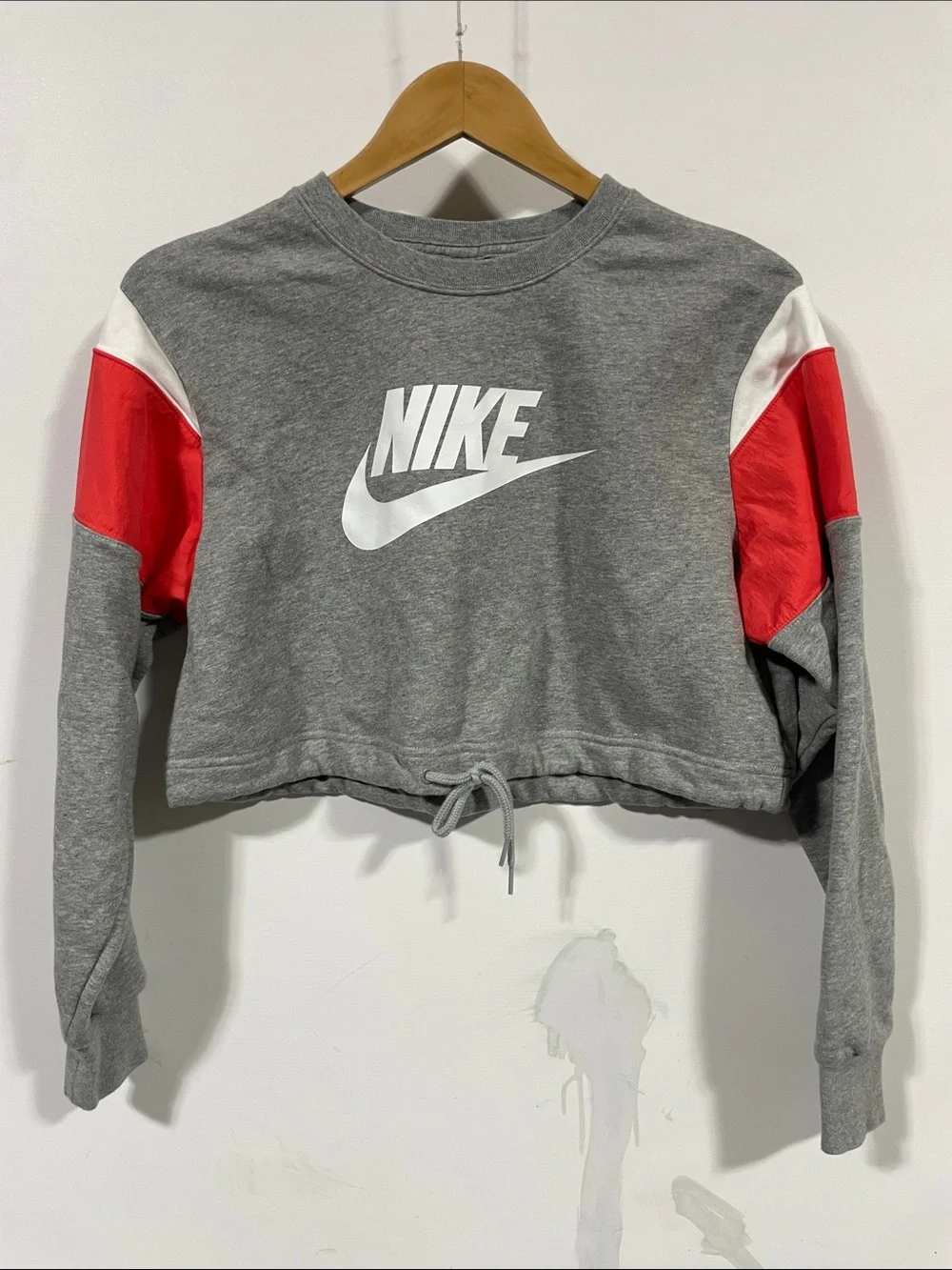 Nike Gray Cropped Sweatshirt with Red and White Sleeve Panels